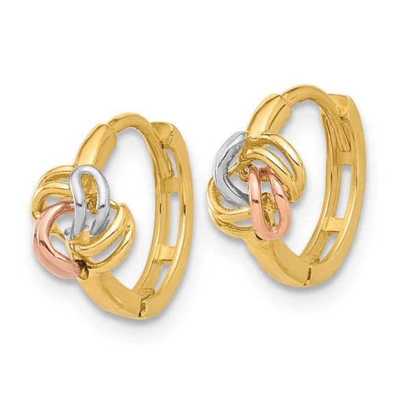 14K Two-tone w/White Rhodium Love Knot Hinged Huggie Hoop Earrings - Picture 4 of 4